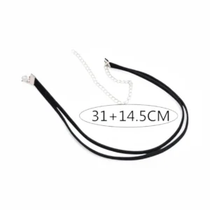 Deri görünümlü çift katmanlı choker kolye ürününün beyaz arka plandaki ölçü ile detay bilgisi görseli.