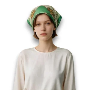 Otantik Desenli Fıstık Yeşili Saten Eşarp manken saçında bandana tarzı kullanımıyla beyaz arka planda inceleniyor.