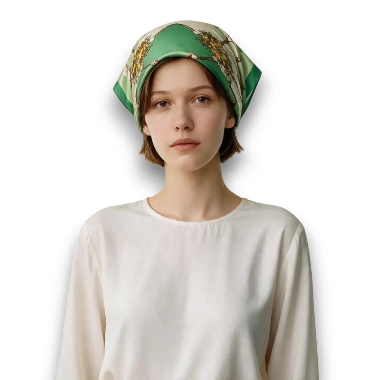 Otantik Desenli Fıstık Yeşili Saten Eşarp manken saçında bandana tarzı kullanımıyla beyaz arka planda inceleniyor.